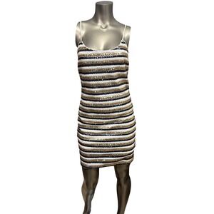 Just Me Womens Striped Sequin Bodycon Mini Dress Gold Navy White Small
